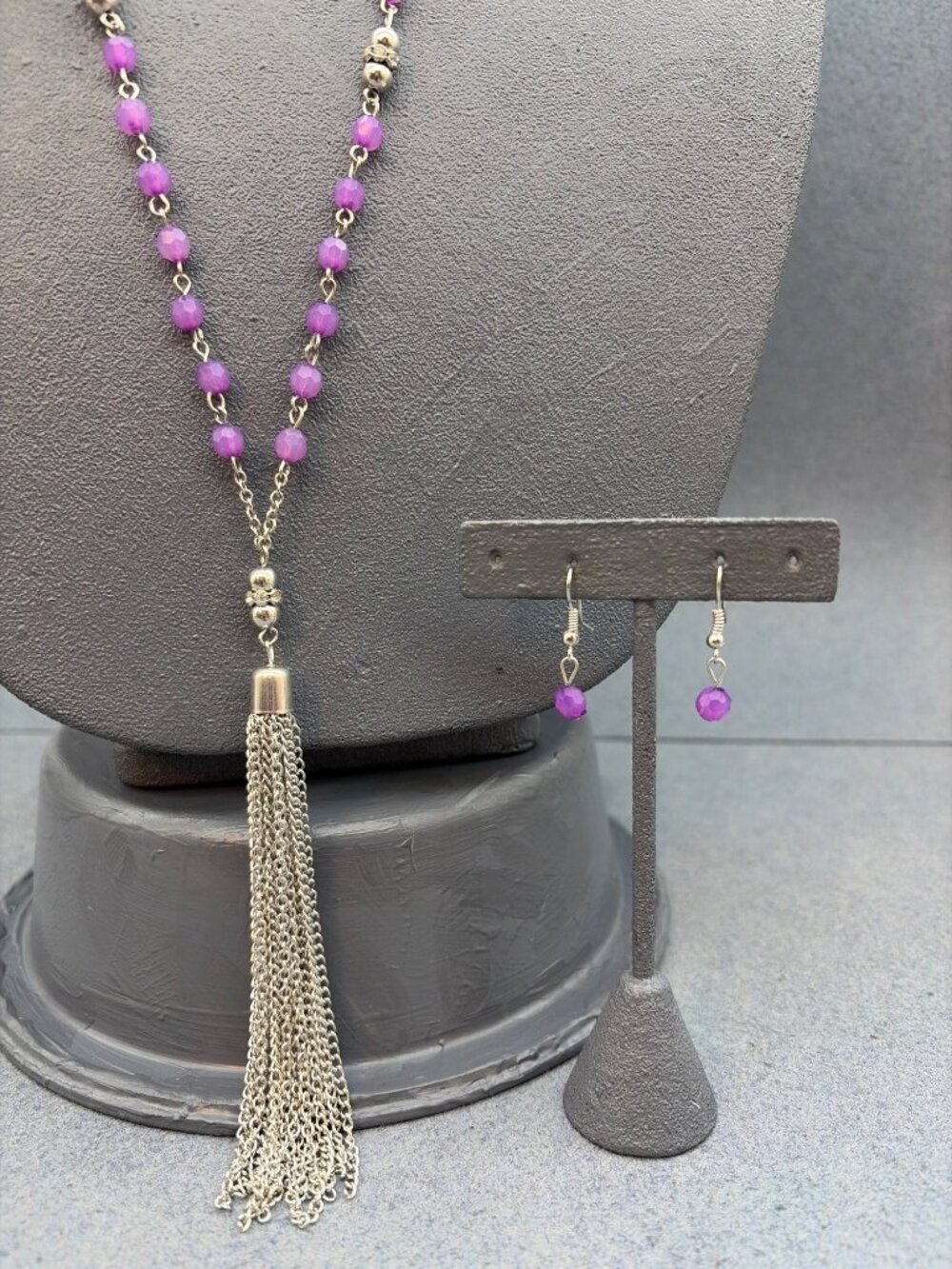 Purple Beaded Necklace Earrings Set 32 In Silver Tassel Chic Boho Festival Retro